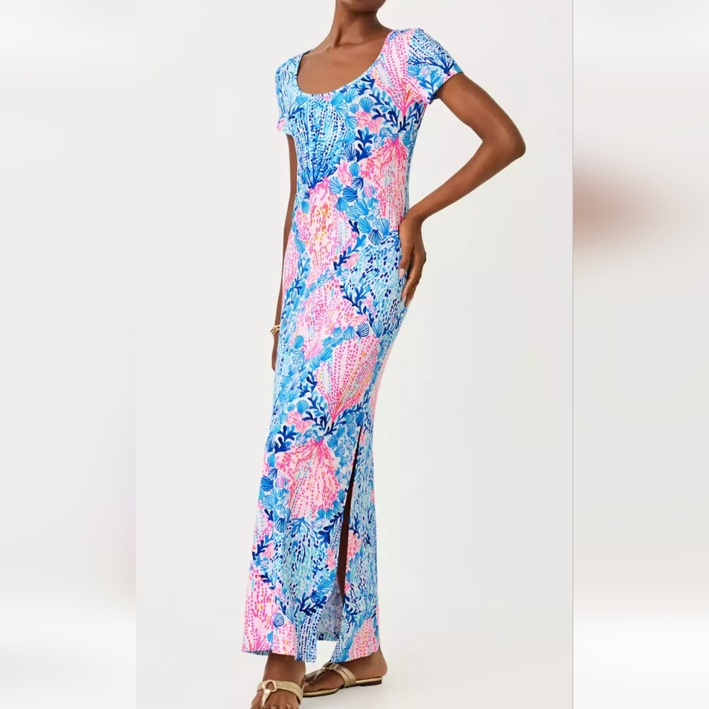 Lilly Pulitzer MAXI DRESS, Shell Print Scoop Neck Top - Pink, Blue & White